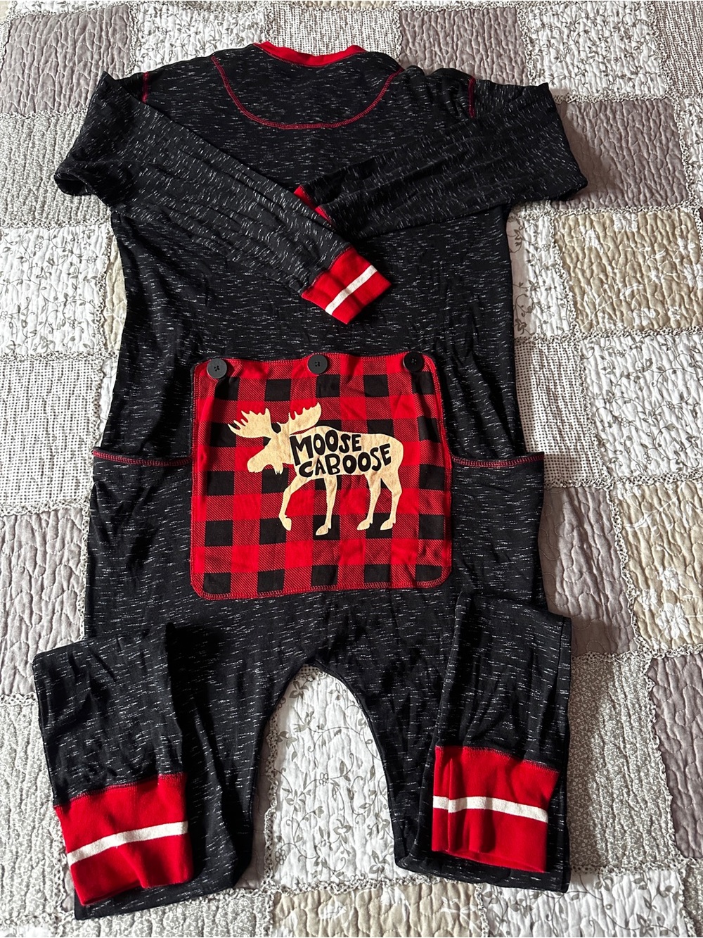 Lazy One Adult Onesie Flap-Jack Size L Black Marl with Red Detail. Unisex